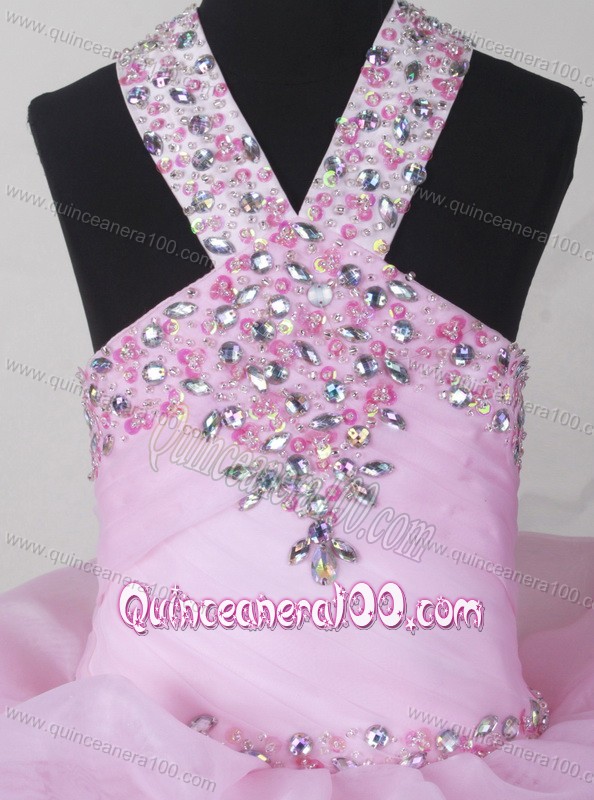 Sweet Baby Pink Little Girl Pageant Dresses With V-neck Beading and Pick-ups