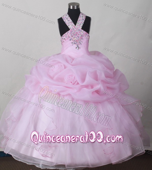 Sweet Baby Pink Little Girl Pageant Dresses With V-neck Beading and Pick-ups