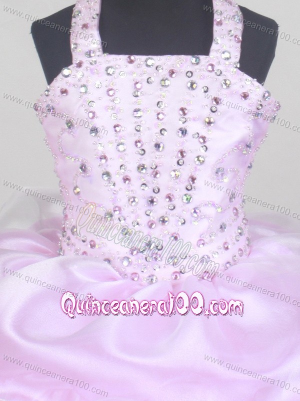 2013 Brand New Halter Baby Pink Flower Girl Pageant Dress With Beaded and Ruffled Layers D