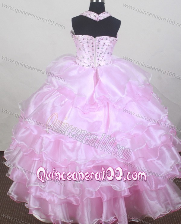 2013 Brand New Halter Baby Pink Flower Girl Pageant Dress With Beaded and Ruffled Layers D