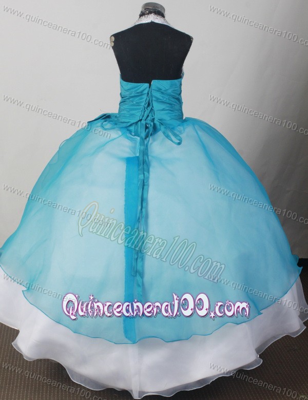 Beaded Decorate Lovely Halter Neckline Teal and White Flower Girl Pageant Dress