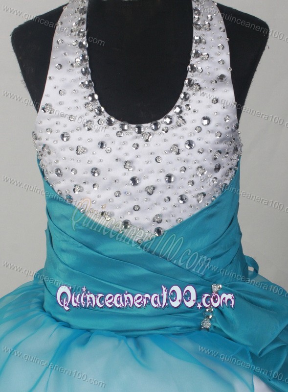 Beaded Decorate Lovely Halter Neckline Teal and White Flower Girl Pageant Dress