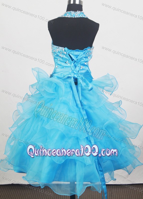 Beading Halter and Ruffled Layers Little Girl Pageant Dresses With Aqua Blue