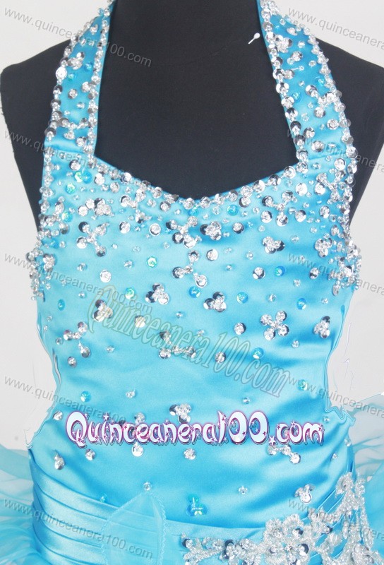 Beading Halter and Ruffled Layers Little Girl Pageant Dresses With Aqua Blue