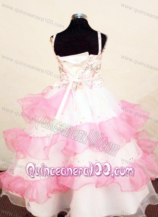 Pretty Pink and White Little Girl Pageant Dress Beaded Decorate With Ruffled Layeres Organ