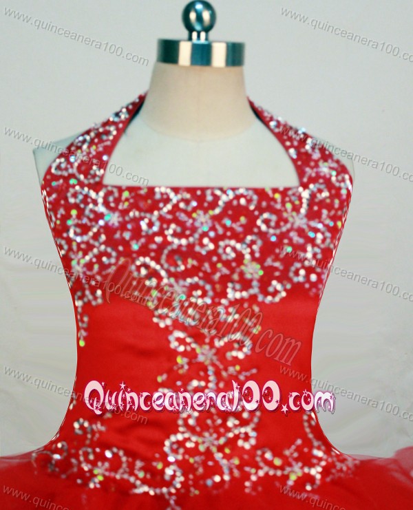 Red and Halter For Little Girl Pageant Dresses With Ruffled Layers