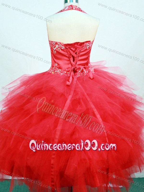 Red and Halter For Little Girl Pageant Dresses With Ruffled Layers