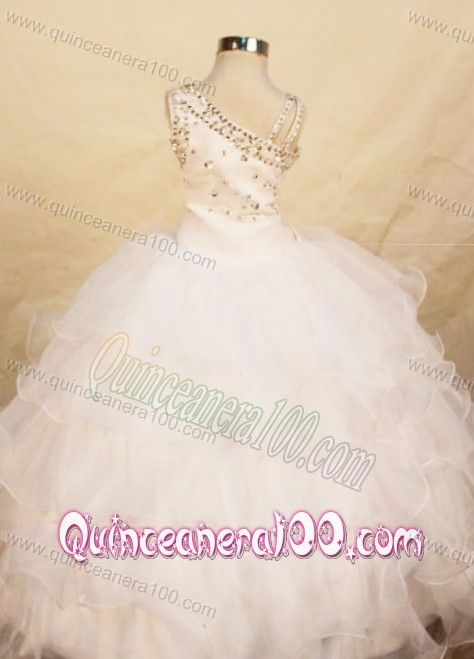 Beautiful White Ball gown Organza One Shoulder Floor-length Beading Little Girl Pageant Dr