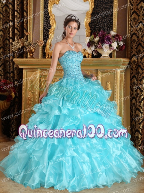 Aqua Blue Ball Gown Sweetheart Floor-length Ruffles Organza Quinceanera Dress