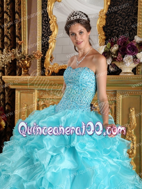 Aqua Blue Ball Gown Sweetheart Floor-length Ruffles Organza Quinceanera Dress