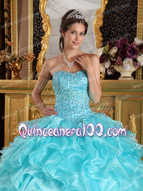 Aqua Blue Ball Gown Sweetheart Floor-length Ruffles Organza Quinceanera Dress