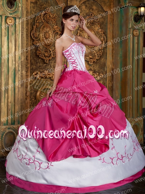 Fuchsia Ball Gown Strapless Floor-length Embroidery Satin Quinceanera Dress