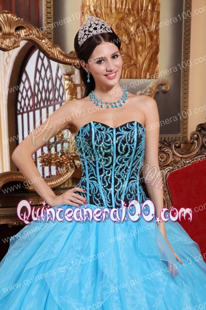 Aqua Blue Ball Gown Sweetheart Floor-length Organza Embroidery with Beading Quinceanera Dr