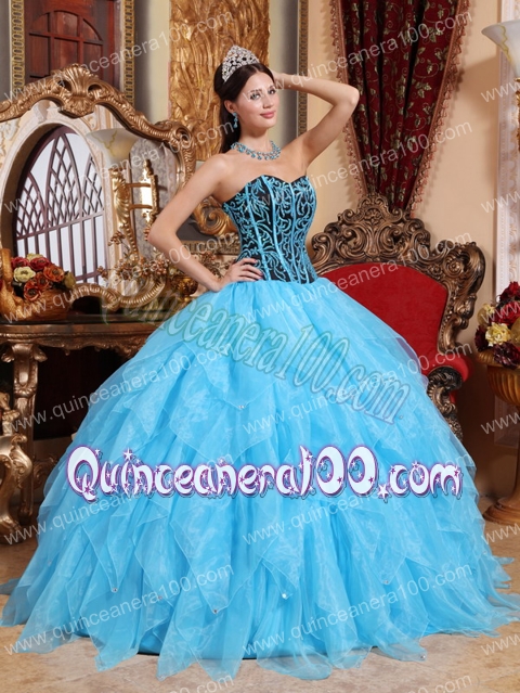 Aqua Blue Ball Gown Sweetheart Floor-length Organza Embroidery with Beading Quinceanera Dr