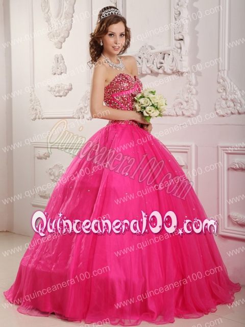 Hot Pink A-Line / Princess Sweetheart Floor-length Satin and Organza Beading Quinceanera D