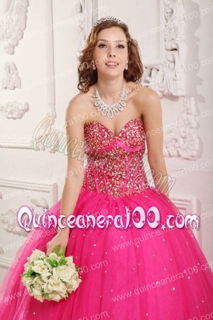 Hot Pink A-Line / Princess Sweetheart Floor-length Satin and Organza Beading Quinceanera D