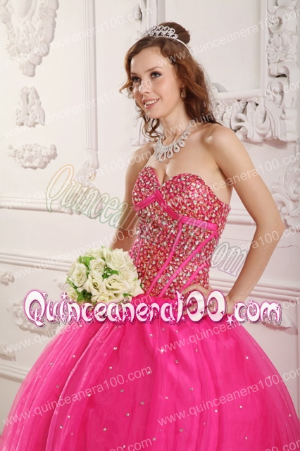 Hot Pink A-Line / Princess Sweetheart Floor-length Satin and Organza Beading Quinceanera D