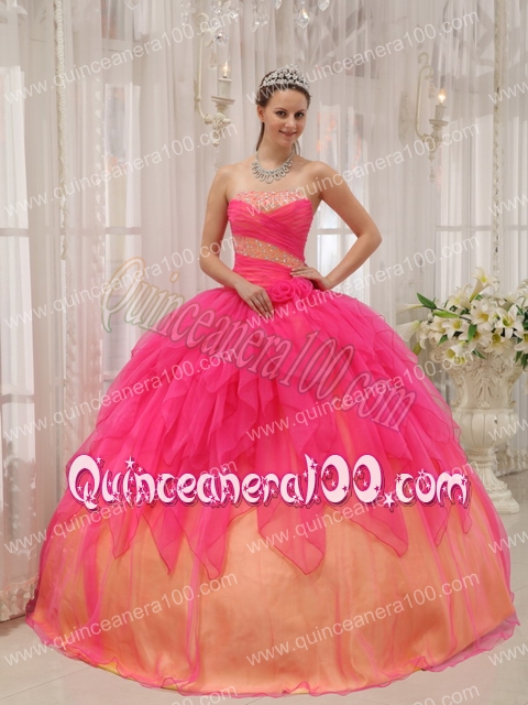 Hot Pink Ball Gown Strapless Floor-length Organza Beading Quinceanera Dress