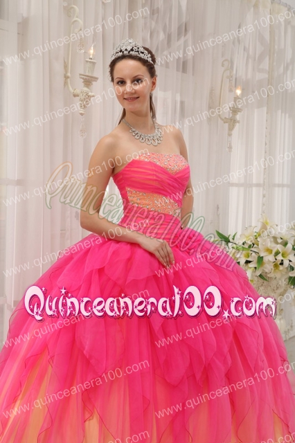 Hot Pink Ball Gown Strapless Floor-length Organza Beading Quinceanera Dress