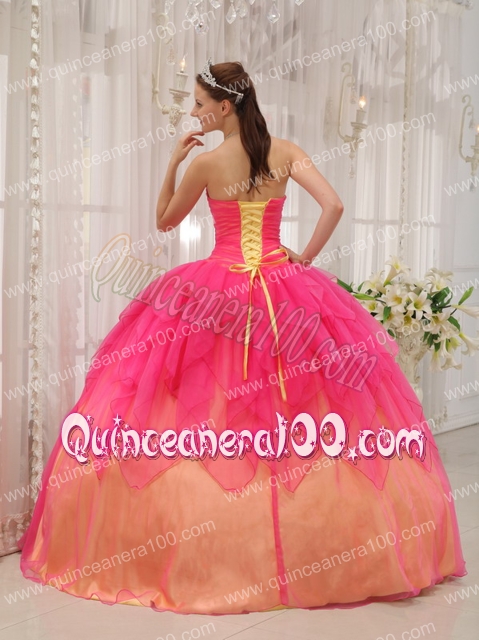 Hot Pink Ball Gown Strapless Floor-length Organza Beading Quinceanera Dress