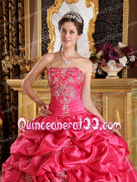 Hot Pink Ball Gown Strapless Floor-length Pick-ups Taffeta Quinceanera Dress