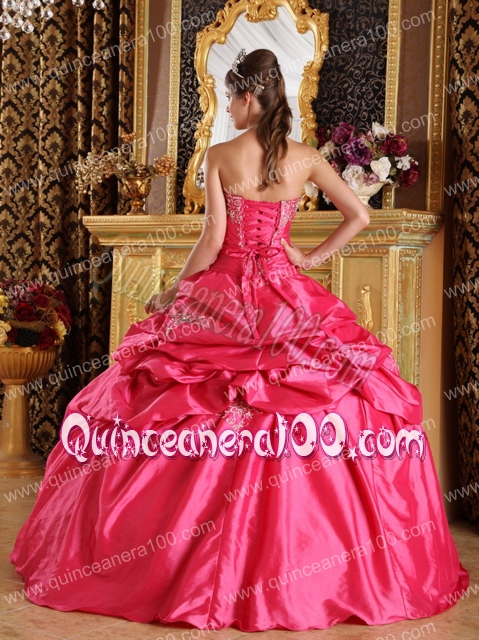 Hot Pink Ball Gown Strapless Floor-length Pick-ups Taffeta Quinceanera Dress