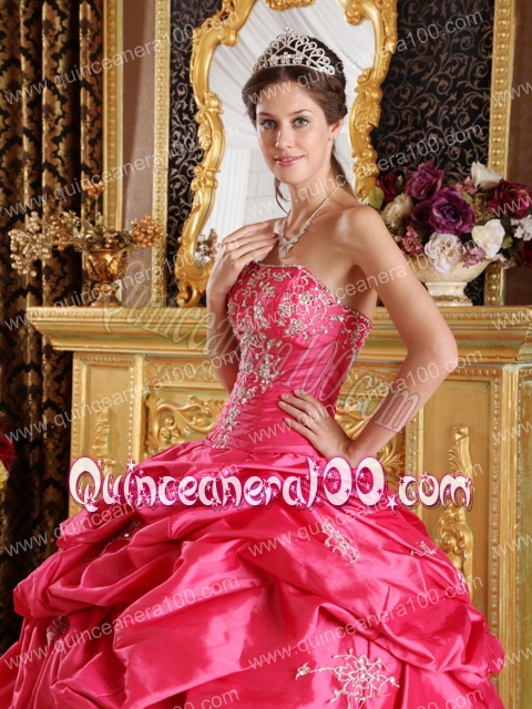 Hot Pink Ball Gown Strapless Floor-length Pick-ups Taffeta Quinceanera Dress