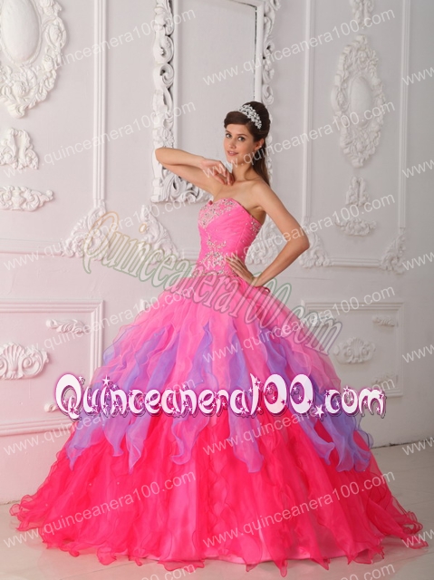 Hot Pink Ball Gown Sweetheart Floor-length Organza Beading and Ruching Quinceanera Dresses