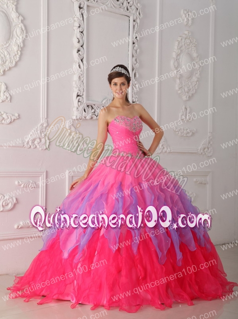 Hot Pink Ball Gown Sweetheart Floor-length Organza Beading and Ruching Quinceanera Dresses