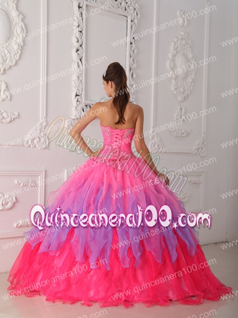 Hot Pink Ball Gown Sweetheart Floor-length Organza Beading and Ruching Quinceanera Dresses