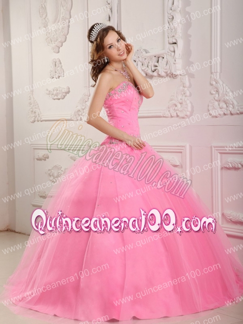 Lovely Ball Gown Sweetheart Floor-length Tulle Appliques Rose Pink Quinceanera Dress