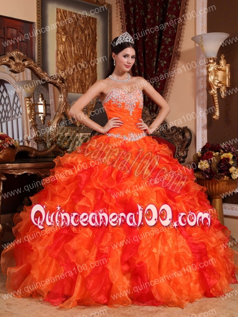 Orange Ball Gown Sweetheart Floor-length Organza Appliques and Beading Quinceanera Dress