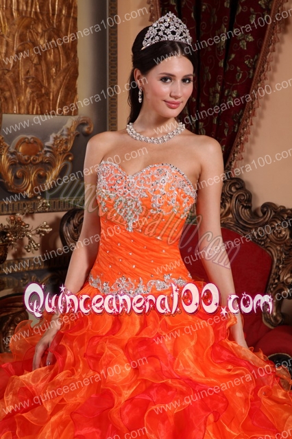 Orange Ball Gown Sweetheart Floor-length Organza Appliques and Beading Quinceanera Dress