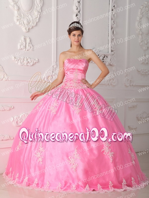 Pink Ball Gown Strapless Floor-length Lace Appliques Quinceanera Dress