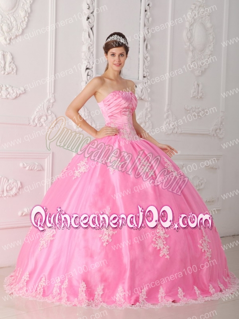 Pink Ball Gown Strapless Floor-length Lace Appliques Quinceanera Dress