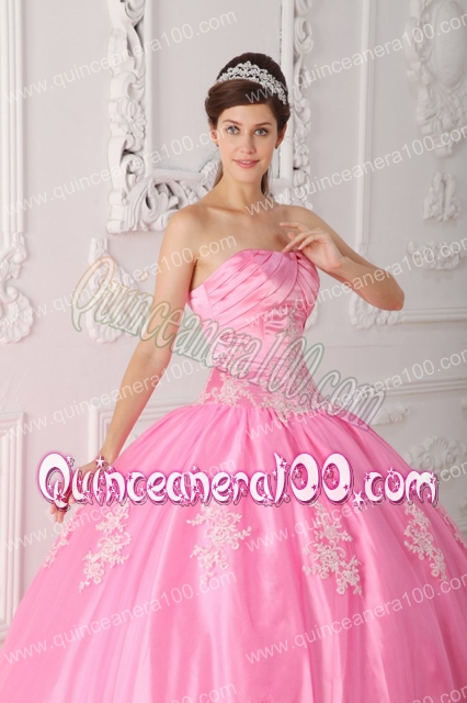 Pink Ball Gown Strapless Floor-length Lace Appliques Quinceanera Dress