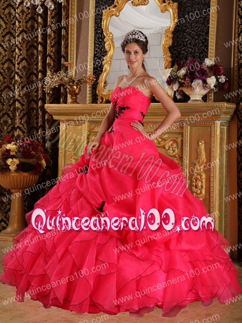 Red Ball Gown Sweetheart Floor-length Organza Appliques Quinceanera Dress