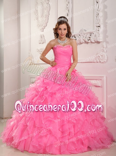 Romantic Ball Gown Sweetheart Floor-length Organza Beading Rose Pink Quinceanera Dress