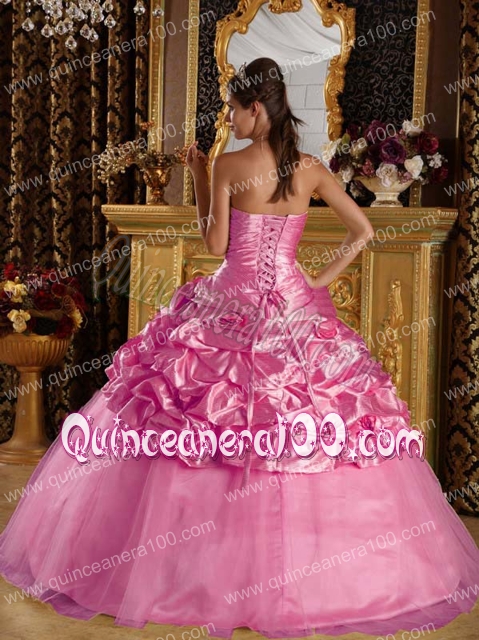 Rose Pink Ball Gown Floor-length Taffeta and Tulle Beading Quinceanera Dress