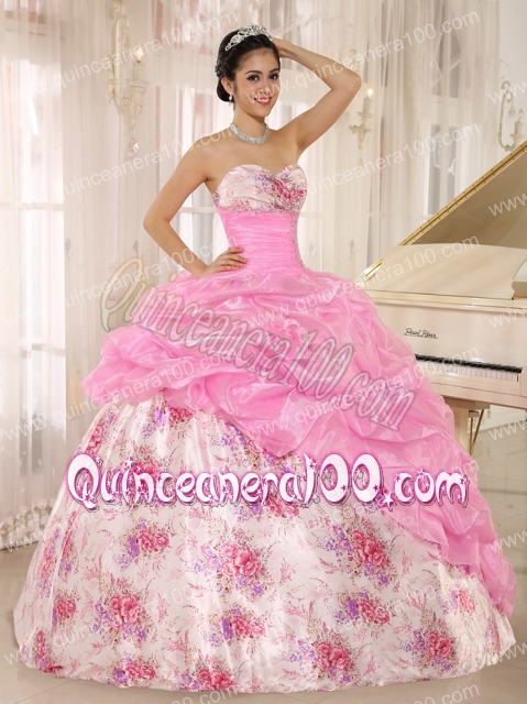 Sweetheart Beaded and Pick-ups For Rose Pink Quinceanera Dress For Custom Made