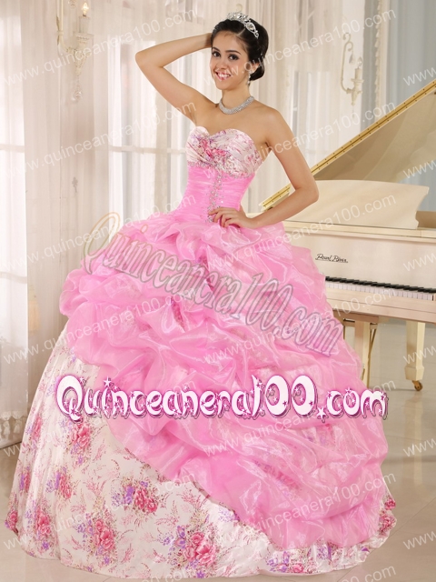 Sweetheart Beaded and Pick-ups For Rose Pink Quinceanera Dress For Custom Made