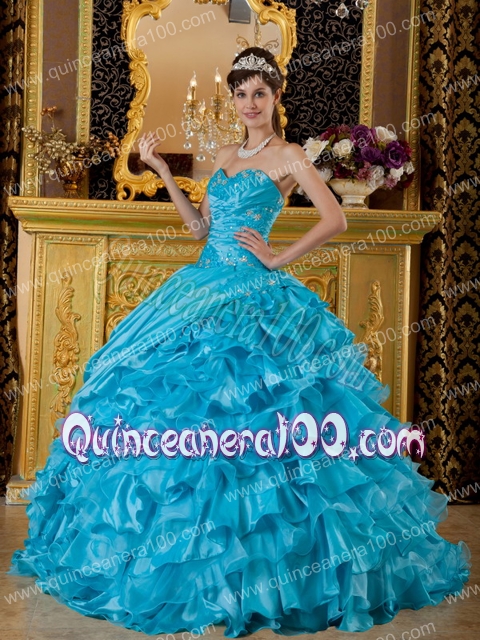 Teal Ball Gown Sweetheart Floor-length Taffeta and Organza Appliques Quinceanera Dress