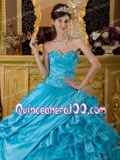 Teal Ball Gown Sweetheart Floor-length Taffeta and Organza Appliques Quinceanera Dress