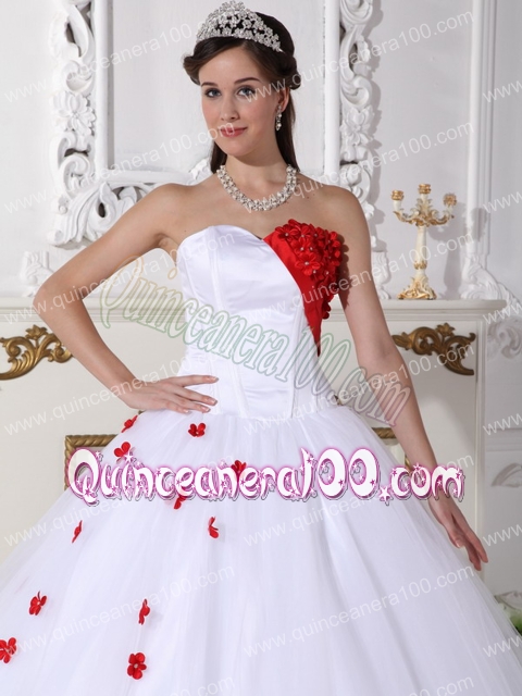 White and Red Ball Gown Sweetheart Floor-length Satin and Tulle Appliques Quinceanera Dres