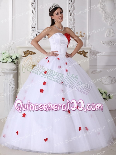 White and Red Ball Gown Sweetheart Floor-length Satin and Tulle Appliques Quinceanera Dres