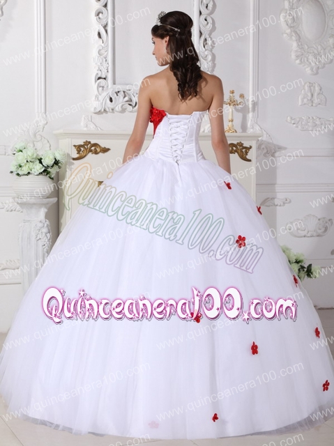 White and Red Ball Gown Sweetheart Floor-length Satin and Tulle Appliques Quinceanera Dres