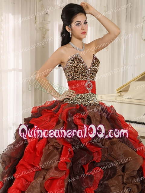 Wholesale Multi-color 2014 Quinceanera Dress V-neck Ruffles With Leopard and Beading