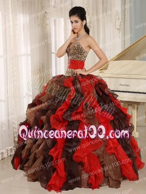 Wholesale Multi-color 2014 Quinceanera Dress V-neck Ruffles With Leopard and Beading