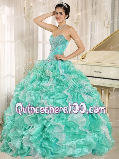 Apple Green Beaded Bodice and Ruffles Custom Made For 2013 Quinceanera Dress