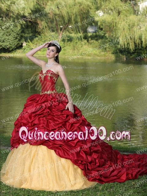 Appliques and Pick-ups Wine Red Brush Train Exquisite Style For 2013 Quinceanera Dress